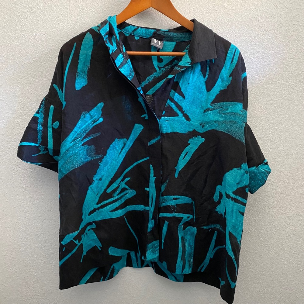 Vintage Teal Black Abstract Print Lyocell Linen Short Sleeve Button Up Shirt